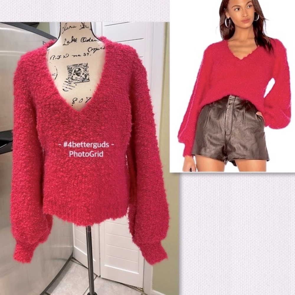 C/MEO Collective Coco Boucle Wool Blend V-neck Balloon Sleeve Pullover Sweater L